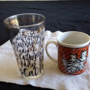 Cat Lady Drinking Glass and Cat Mug.